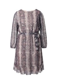 Langärmliges Kleid aus einem leichten, semi-transparenten Stoff mit einem Schlangendruckmuster in Rosa- und Grautönen und einer taillierten Ausführung.