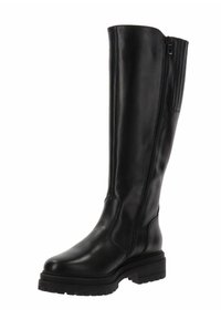 Botte noire en faux cuir, hauteur genou, avec une fermeture éclair sur le côté, une semelle épaisse et des accents texturés le long de la tige. Finition lisse dans l'ensemble.