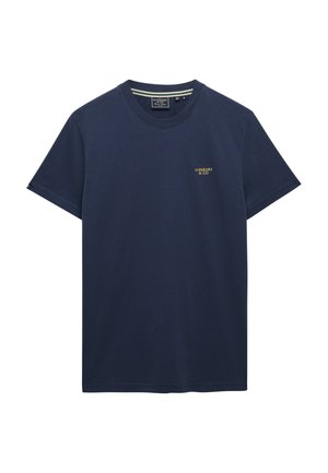 Marineblauw T-shirt met korte mouwen en ronde hals, met een klein geel "Superdry & Co" logo op de linkerborst.