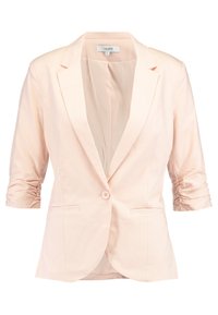 Light pink blazer with a single button closure, notched lapels, two front pockets, and three-quarter length sleeves with gathered detail.