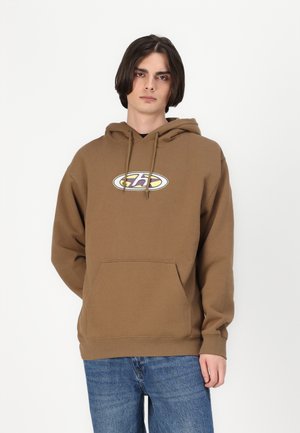 Brown hooded sweatshirt with a front kangaroo pocket and a circular logo featuring purple and yellow accents. Soft fabric and relaxed fit.