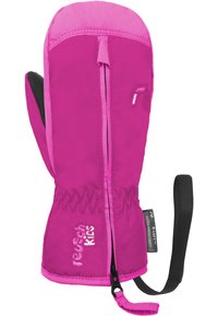 Gepolsterte rosa Handschuhe mit schwarzem Handflächen und elastischem Handgelenk. Mit Reißverschluss, gesticktem Design und einem Markenetikett. Weicher, wasserdichter Stoff.