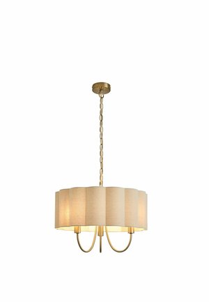 Ceiling chandelier with beige fabric shade, gold metal frame, and three curved arms hanging from a gold chain.