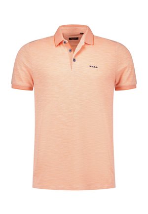 Polo shirt met korte mouwen in lichtperzik, van een gestructureerde stof, met een kraag en een knoopsluiting met drie knopen. Heeft een klein logo op de linkerkant van de borst.