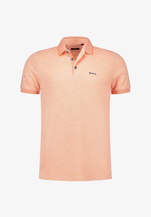 Polo shirt met korte mouwen in lichtperzik, van een gestructureerde stof, met een kraag en een knoopsluiting met drie knopen. Heeft een klein logo op de linkerkant van de borst.