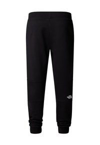 Czarne dresy z miękkiego materiału z ryflowanym paskiem i mankietami, z widocznymi detalami szwów i białym logo z przodu.