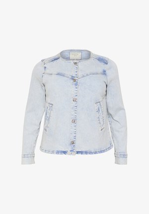 Világoskék farmerdzseki hosszú ujjakkal, kerek gallérral, elöl gombos záródással és két oldalsó zsebbel. Enyhén kopott hatású.