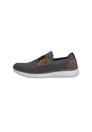 Gray knit sneaker with white sole, brown leather accents, and black laces, viewed from the side on a white background.