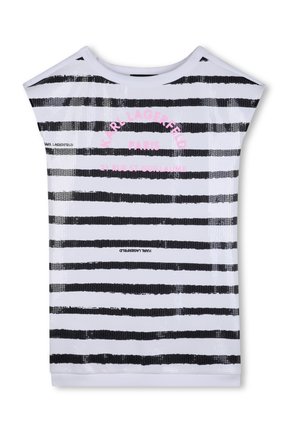 Haut sans manches à rayures horizontales blanches et noires avec le texte rose « Karl Lagerfeld Paris 21 Rue St Guillaume » à l'avant.