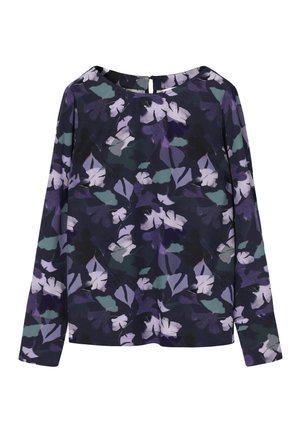 Langarmbluse mit dunklem Hintergrund und abstrakten Blattmustern in den Farbtönen Lila, Grün und Weiß, mit einem Knopfverschluss auf der Rückseite.
