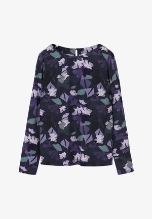Long-sleeve blouse with dark background and abstract leaf patterns in shades of purple, green, and white, featuring a back button closure.