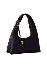 Black quilted bag with a curved handle, gold hardware accents, and a zip closure. Features a textured surface and detachable keychain.