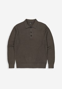 Olivgrüner, gerippter Strick-Polo-Pullover mit Kragen und vier schwarzen Knöpfen, mit langen Ärmeln und strukturiertem Finish.