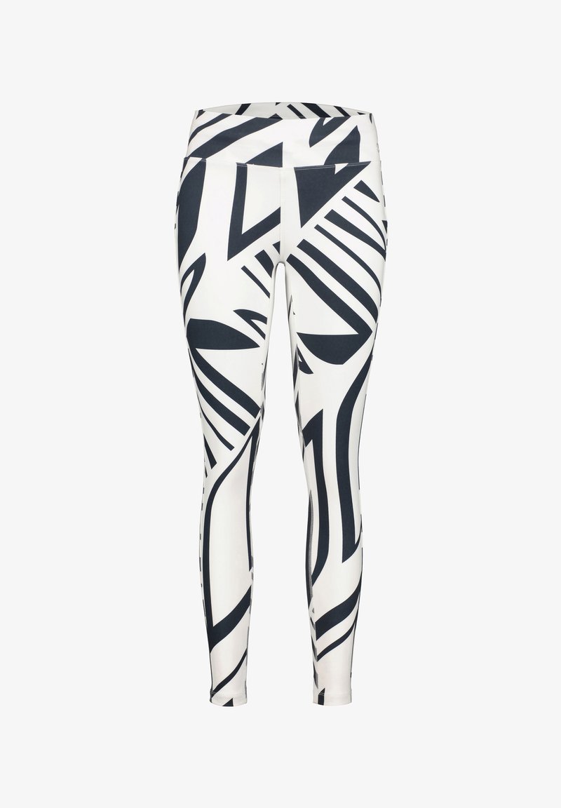 Fitted leggings in a stretchy material featuring a bold black and white abstract pattern with geometric shapes. High waistband design.