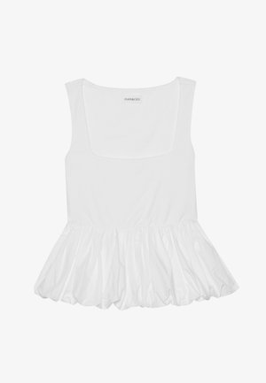 Haut sans manches blanc avec un décolleté carré, présentant un ourlet froncé et volanté. Fabriqué en tissu doux avec une texture lisse.