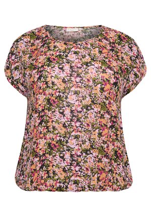 Blomsterbluse med en rund halsudskæring, korte ærmer og en løs pasform. Fremstillet af letvægtsstof i nuancer af pink, grøn og gul.