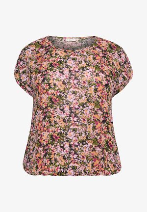 Ziedu blūze ar apaļu kakla izgriezumu, īsām piedurknēm un brīvu piegriezumu. Izgatavota no viegla auduma rozā, zaļā un dzeltenā krāsā.