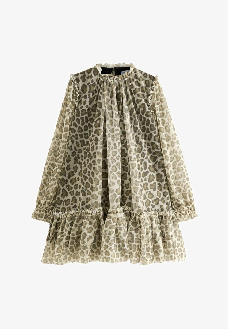 Leopardenmuster-Kleid aus leichtem Stoff, mit einem schulterfreien Kragen, langen Ärmeln und einem gestuften Saum. Überwiegend beige- und brauntöne.