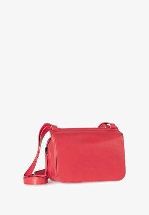 Red leather crossbody bag with a smooth texture, rectangular shape, zip closure, and adjustable strap. Features subtle branding on the front.