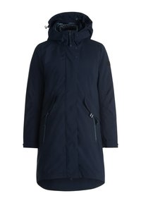 N�ámořnická modrá parka s kapucí, vpředu na patentky, dvě šikmé kapsy a se stahovacími detaily v pase a na rukávech. Hladká textura.