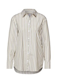 Camicia a righe in beige chiaro e bianco, con maniche lunghe, colletto a punta e orlo arrotondato. Realizzata in tessuto leggero.