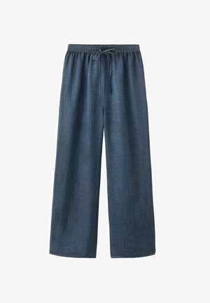 Pantalon large bleu avec ceinture élastique et cordon de serrage, en tissu léger.