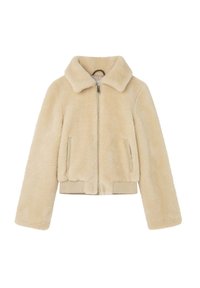 Chaqueta de pelo sintético beige con cuello clásico, cierre frontal y cintura elástica. Cuenta con bolsillos laterales y ribetes y puños acanalados.