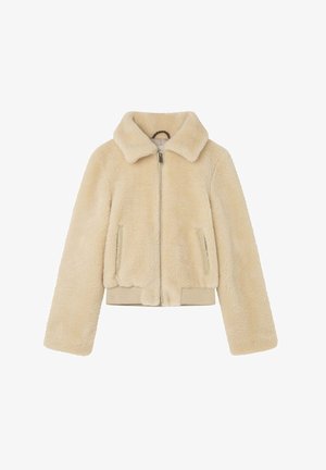 Beigefärgad fuskpälsjacka med krage, framdragkedja och elastisk midja. Har sidofickor och ribbad trim och manschetter.