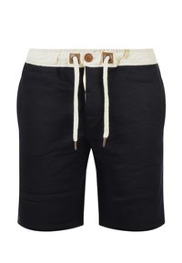 Zwarte shorts van zacht materiaal, met een crèmekleurige tailleband, een koord met bruine accenten en een rechte snit.