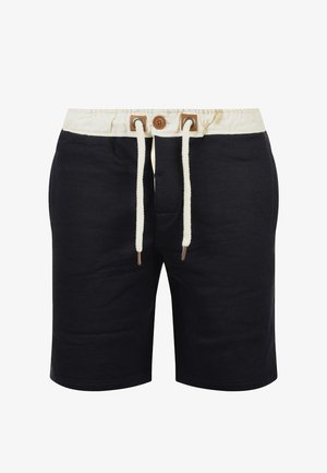 Czarne szorty wykonane z miękkiego materiału, wyróżniające się kremowym pasem, sznurkiem w brązowych akcentach oraz prostym krojem.