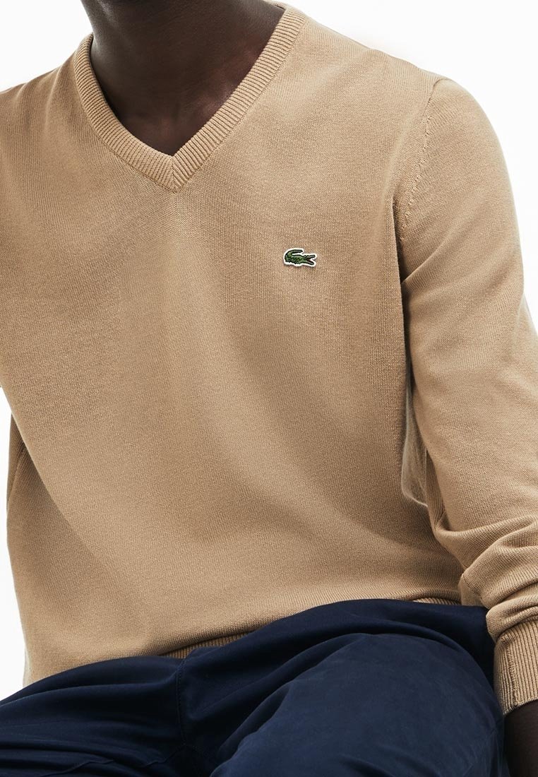 Homme portant un pull beige à col en V avec un logo crocodile vert et un pantalon bleu marine, assis devant un fond blanc.