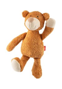 Brown plush bear with a smiling face, light snout, and cream-colored paw accents. Textured, soft body with long limbs for hugging.