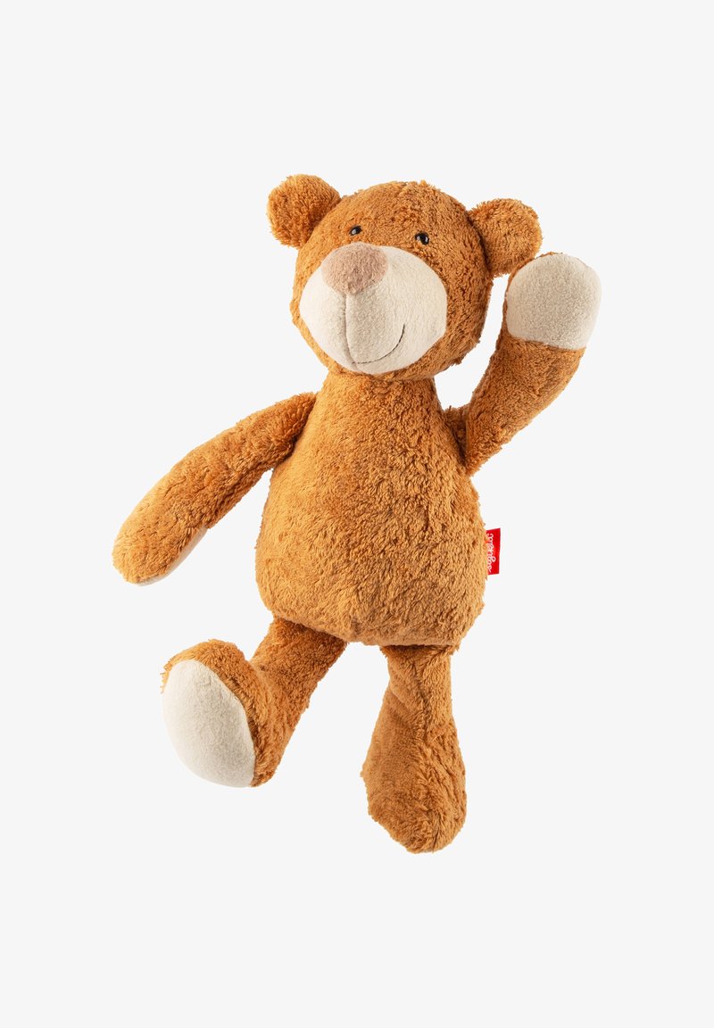 Brown plush bear with a smiling face, light snout, and cream-colored paw accents. Textured, soft body with long limbs for hugging.