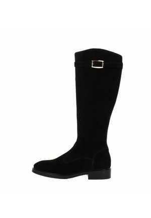 Black suede knee-high boot featuring a small rectangular buckle on the ankle and a rounded toe. Smooth texture and low block heel.