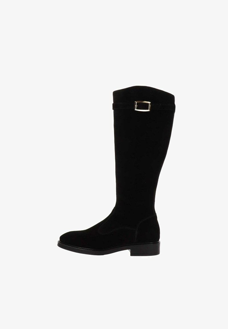 Black suede knee-high boot featuring a small rectangular buckle on the ankle and a rounded toe. Smooth texture and low block heel.