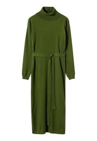 Robe en maille verte à col montant et manches longues. Elle est dotée d'une ceinture assortie à la taille et s'arrête à mi-mollet.
