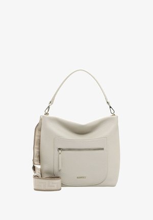 Light gray leather handbag with a textured surface, a zippered front pocket, and a patterned adjustable strap. Curved shape and top handle.