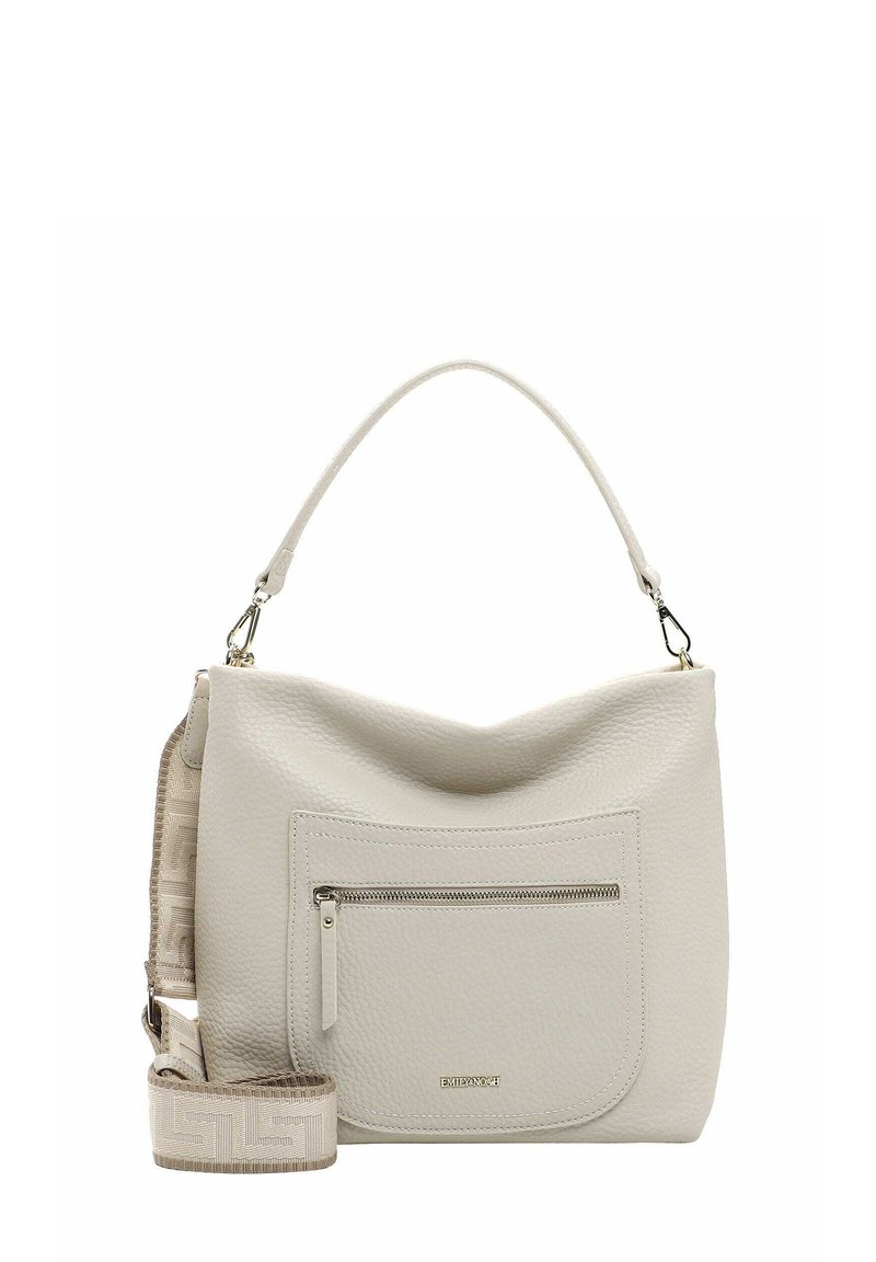 Borsa a mano in pelle grigia chiara con superficie testurizzata, tasca frontale con zip e tracolla regolabile a motivo. Forma curva e manico superiore.
