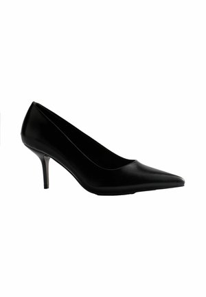 Black pointed-toe women's high heel shoe with a slim mid-height stiletto heel on a white background.