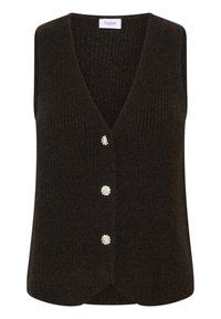 Donkerbruine gebreide mouwloze cardigan met V-hals en drie decoratieve parelachtige knopen aan de voorkant.