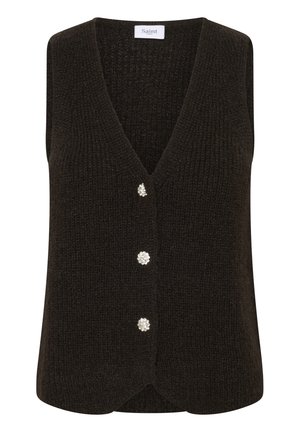 Tmavě hnědý pletený bezrukávový cardigan s výstřihem do V a třemi dekorativními knoflíky podobnými perlám na přední straně.