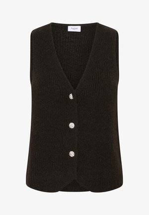 Tumši brūns adīts bez piedurknēm kardigāns ar V veida dekoltē un trim dekoratīvām pērļu līdzīgām pogām priekšā.
