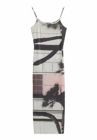 Abito senza maniche elegante con stampa fotografica in toni tenui di grigio, rosa e nero. Realizzato in tessuto morbido, presenta una silhouette dritta.