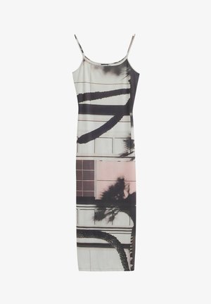 Elegantes, ärmelloses Kleid mit einem fotografischen Druck in gedämpften Tönen von Grau, Rosa und Schwarz. Hergestellt aus glattem Stoff, hat es eine gerade Silhouette.