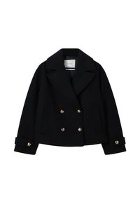 Veste en laine mélangée bleu marine à double boutonnage. Dotée de grands boutons dorés, de revers crantés et de poches à rabat. Coupe ajustée, design cropped.