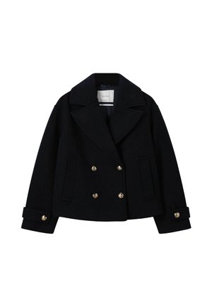 Doppelt-knöpfige marineblaue Jacke aus Wollmischung. Ausgestattet mit großen goldfarbenen Knöpfen, Reverskragen und Klappentaschen. Taillierte Passform, verkürzter Schnitt.