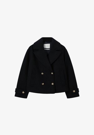 Doppelt-knöpfige marineblaue Jacke aus Wollmischung. Ausgestattet mit großen goldfarbenen Knöpfen, Reverskragen und Klappentaschen. Taillierte Passform, verkürzter Schnitt.