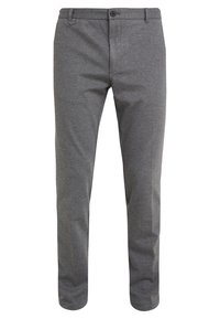 Grijze slim-fit mannenbroek met knoopsluiting, riemlussen en geen zichtbare zakken, tentoongesteld tegen een witte achtergrond.