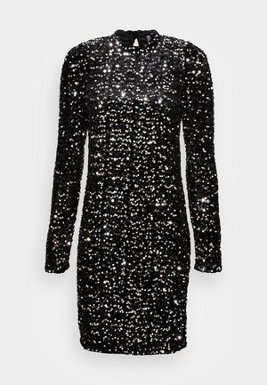 Robe courte noire à manches longues, couverte de sequins argentés brillants, avec un col rond et un léger rembourrage aux épaules.