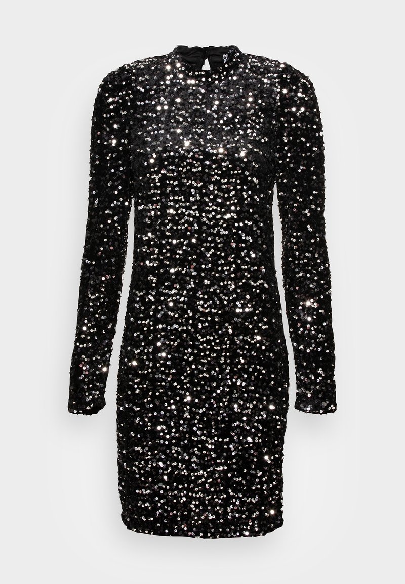 Robe courte noire à manches longues, couverte de sequins argentés brillants, avec un col rond et un léger rembourrage aux épaules.